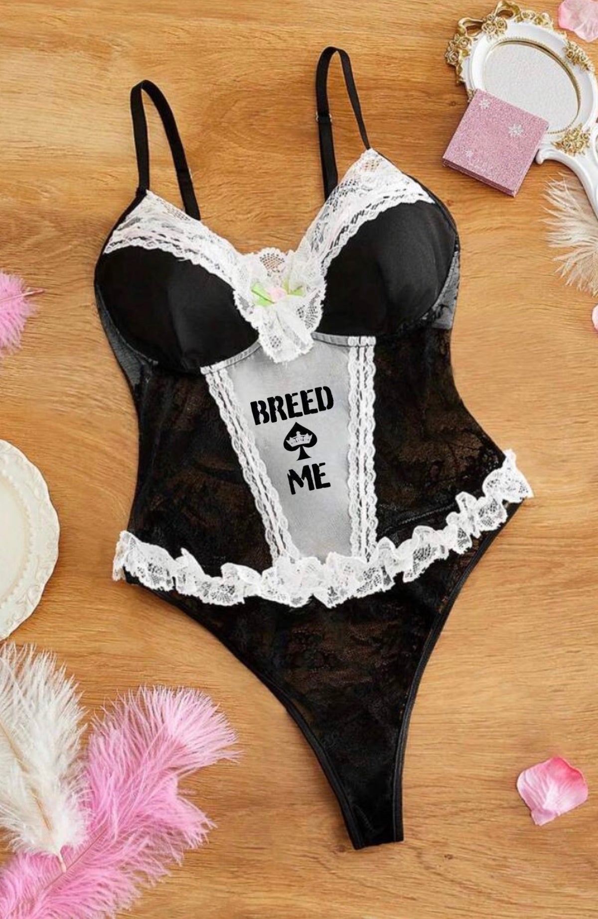 QOS breed me Sexy Sheer Floral Lace Underwired Ruffle Strap 3D Flower Bodysuit, Black & White