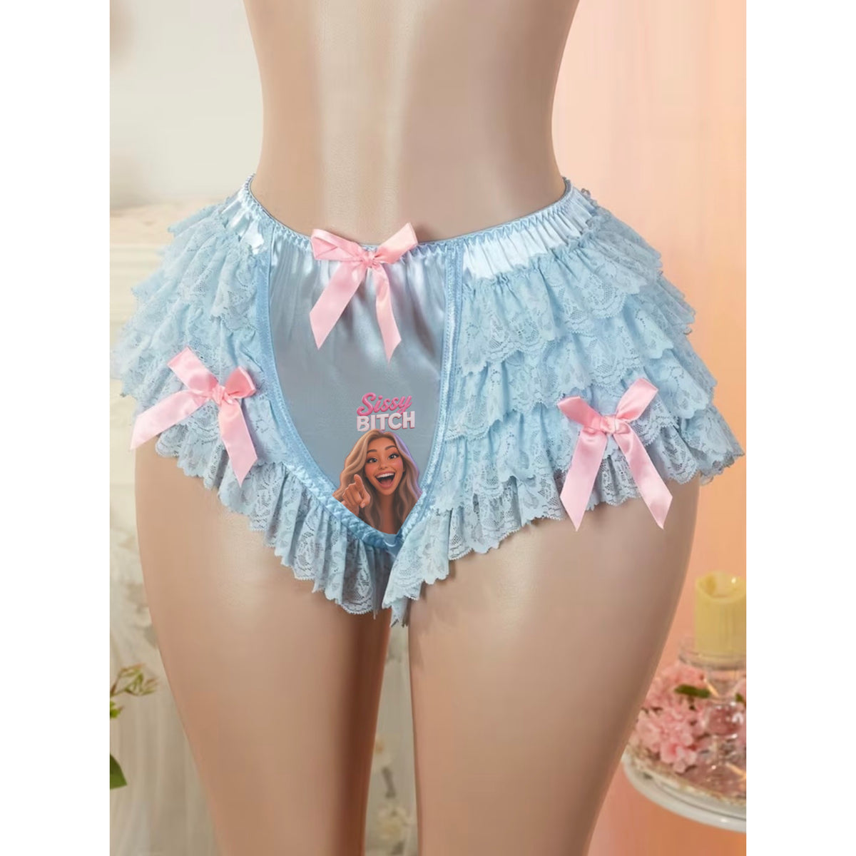 Sissy B!tch Lace Trim, High-stretch Butterfly Knot Multi-layered Ruffled Panties