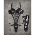 BNWO QOS Solid Lace Up Cut Out Teddy Bodysuit & 1pair Oversleeves, Lingerie