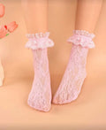 1 Pair Women's Lace Mid-Calf Socks With Ruffle, Elastic Hollow-Out Net Design