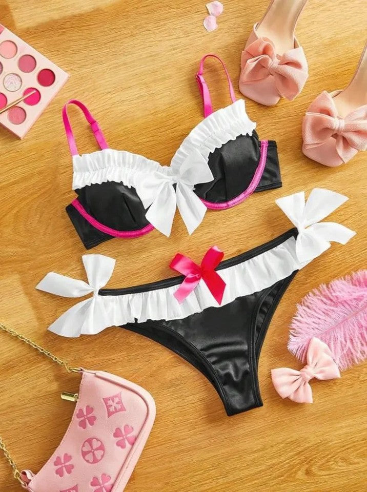 2pcs Pink Underwire Roleplay Satin Contrast Bow Ruffle Pleated Trim Lingerie Set