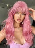 1piece Pink 24 Inch Long Curly Synthetic Wig With Bangs