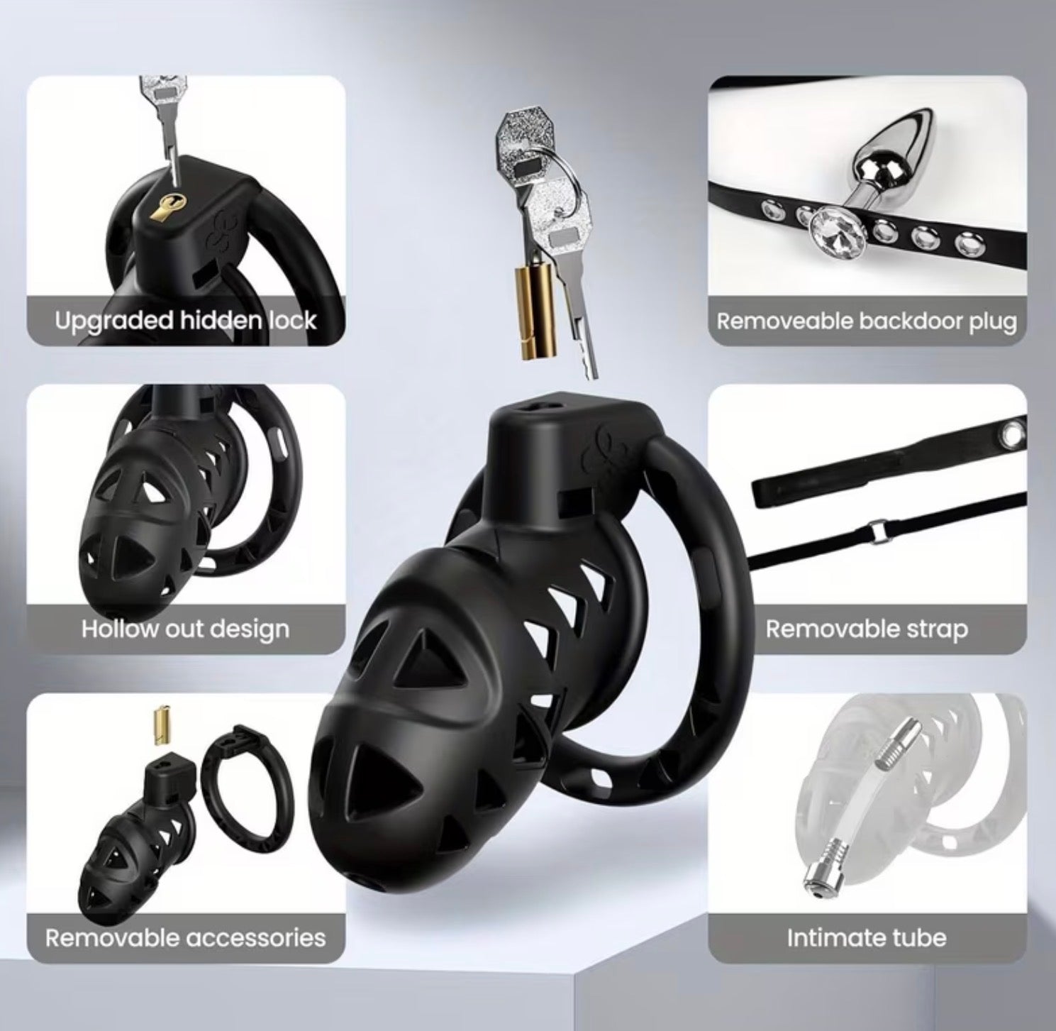 Male Chastity Rooster Cage with AnalButt Plugs Djustable Strapon Harness Chastity Belts Deviceswith 3Sizes Rings Penis Cage Adult SexToys with Bondage Gear Accessories