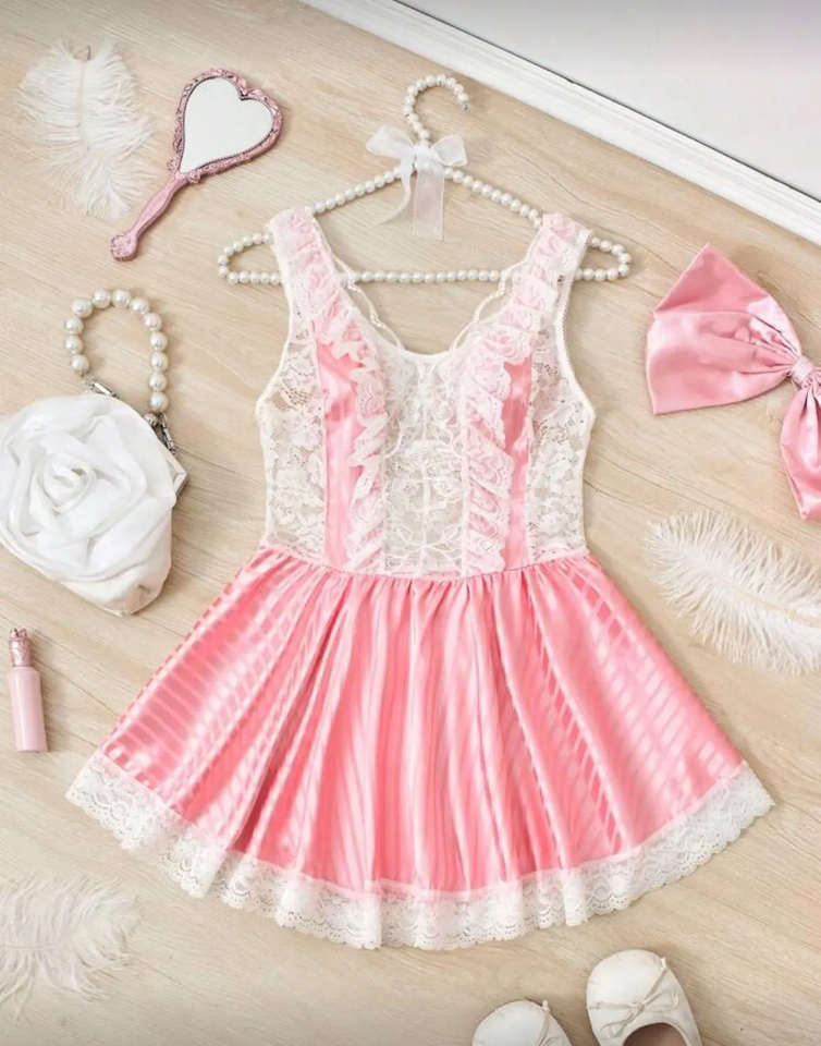 Bow-Tied Striped Lace Patchwork Ruffle Flounce Flattering Split Women Sexy Night