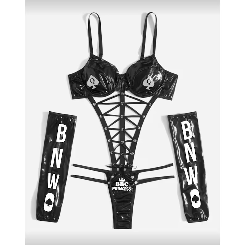 BNWO QOS Solid Lace Up Cut Out Teddy Bodysuit & 1pair Oversleeves, Lingerie
