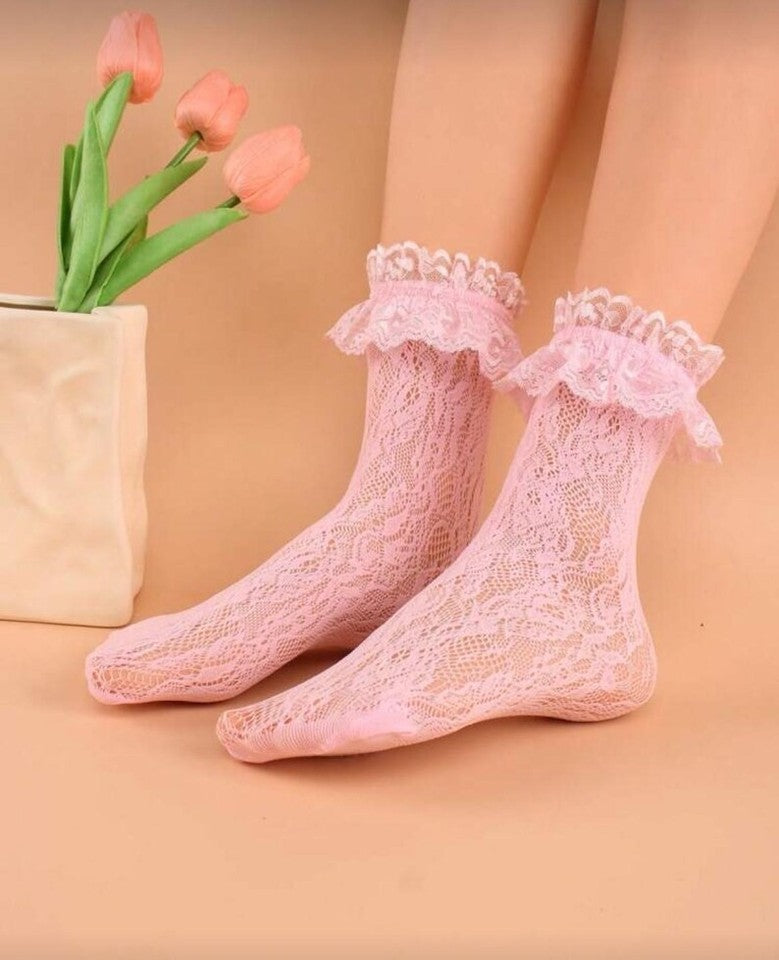 1 Pair Women's Lace Mid-Calf Socks With Ruffle, Elastic Hollow-Out Net Design
