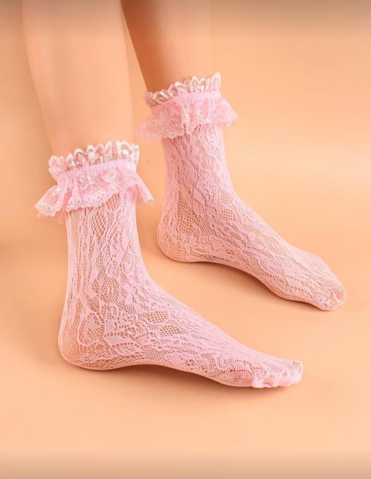1 Pair Women's Lace Mid-Calf Socks With Ruffle, Elastic Hollow-Out Net Design