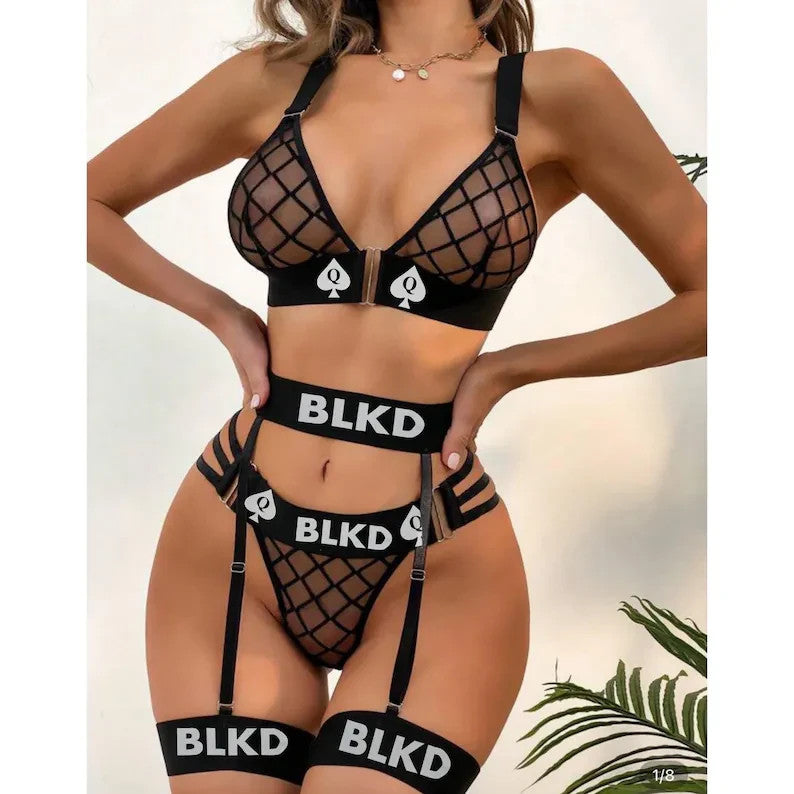 Blacked BLKD QOS 5pack Plaid Sheer Mesh Garter Lingerie Set & Leg Rings