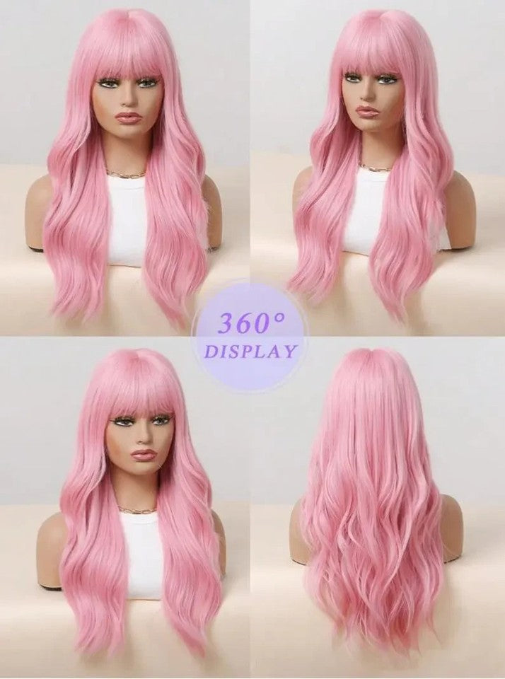 1piece Pink 24 Inch Long Curly Synthetic Wig With Bangs