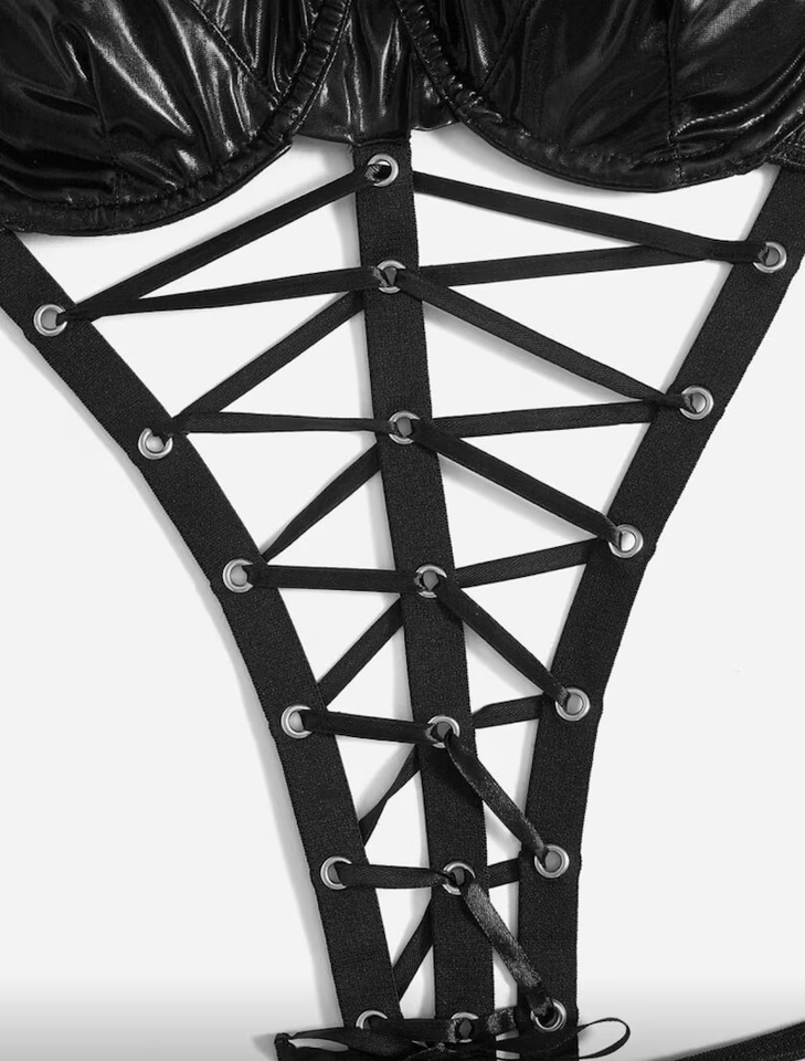BNWO QOS Solid Lace Up Cut Out Teddy Bodysuit & 1pair Oversleeves, Lingerie