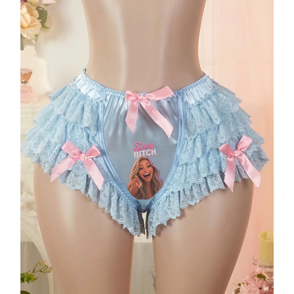 Sissy B!tch Lace Trim, High-stretch Butterfly Knot Multi-layered Ruffled Panties