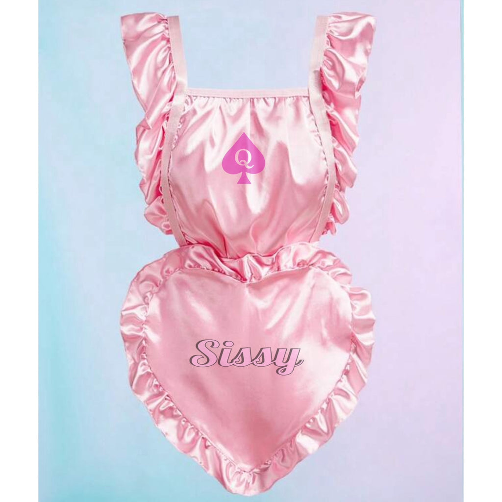 Sissy of spades Apron, Maid Style, Big Heart Shaped, Satin, Ruffle Trim, Flounce, Cute Babydoll, Layered