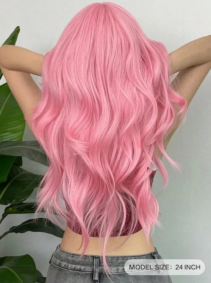 1piece Pink 24 Inch Long Curly Synthetic Wig With Bangs