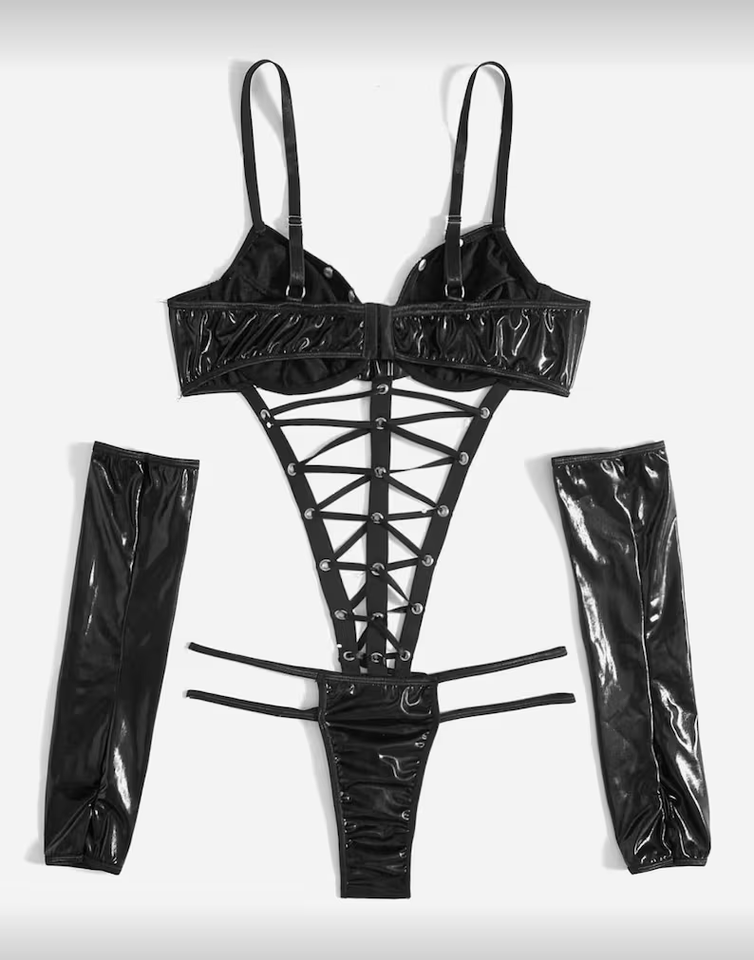 BNWO QOS Solid Lace Up Cut Out Teddy Bodysuit & 1pair Oversleeves, Lingerie