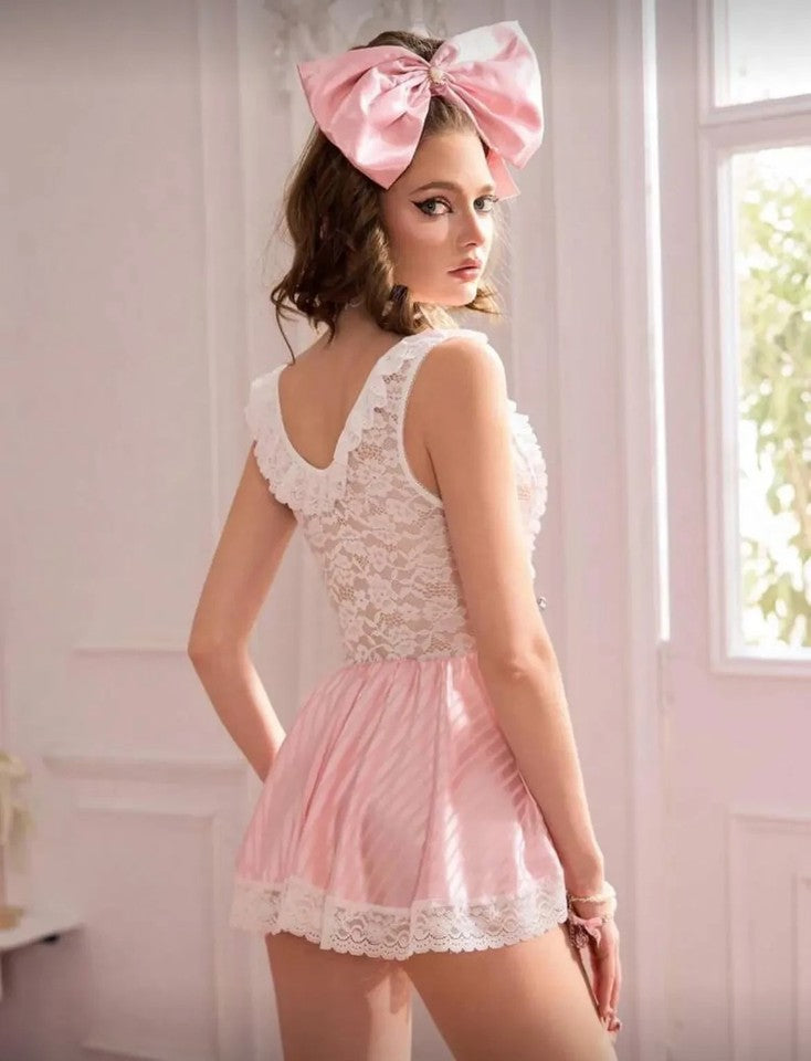Bow-Tied Striped Lace Patchwork Ruffle Flounce Flattering Split Women Sexy Night