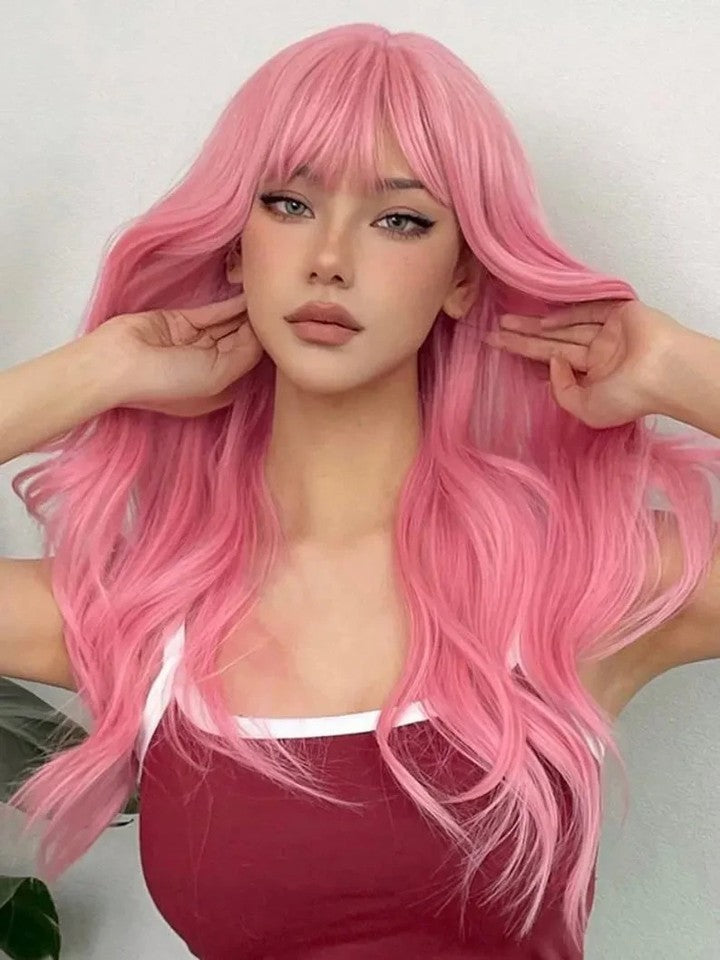 1piece Pink 24 Inch Long Curly Synthetic Wig With Bangs
