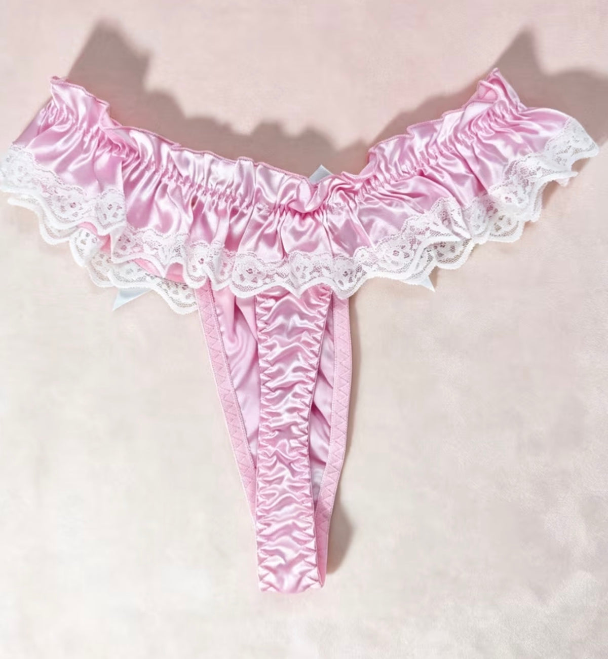 Caged sissy Satin Lace Bow Ruffle Cute Style Mid-Waist Thong Panties