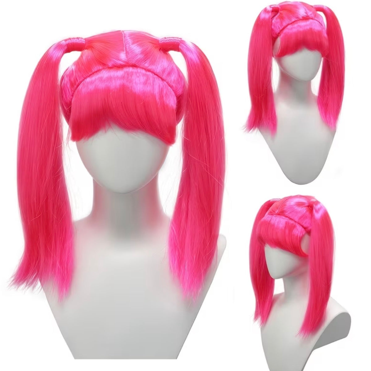 Cute Pink Pigtail Wig Straight Synthetic Hair, Heat Resistant, for Cosplay