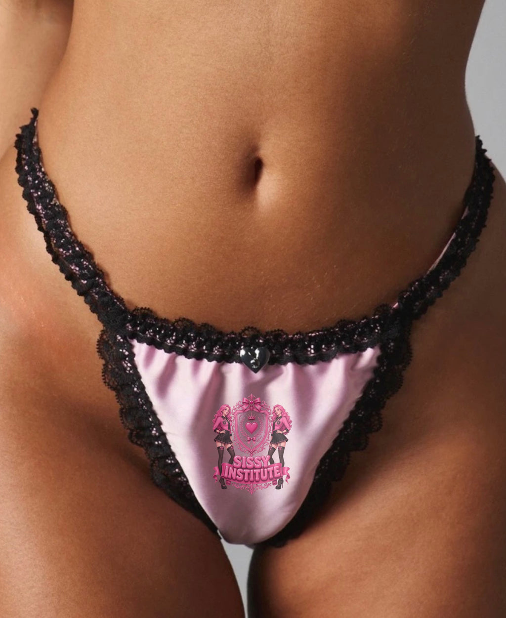Sissy institute Satin Thong With Black Lace Trim Heart Charm Detail Lingerie set
