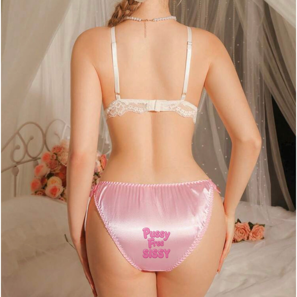sissy Pink Satin Cute Coquette Babydoll Lolita Ruffle Lace Patchwork Bow Panties