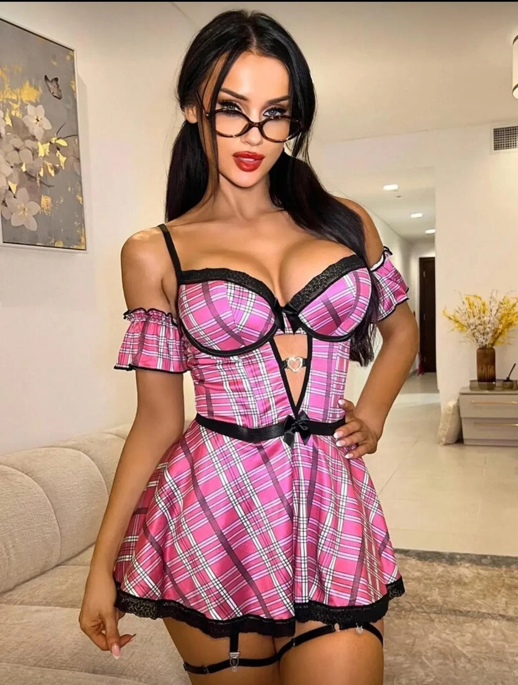 Fantasy Costume 6pcs/Set Plaid Print Heart Rhinestone Bowknot Dress + G-String +