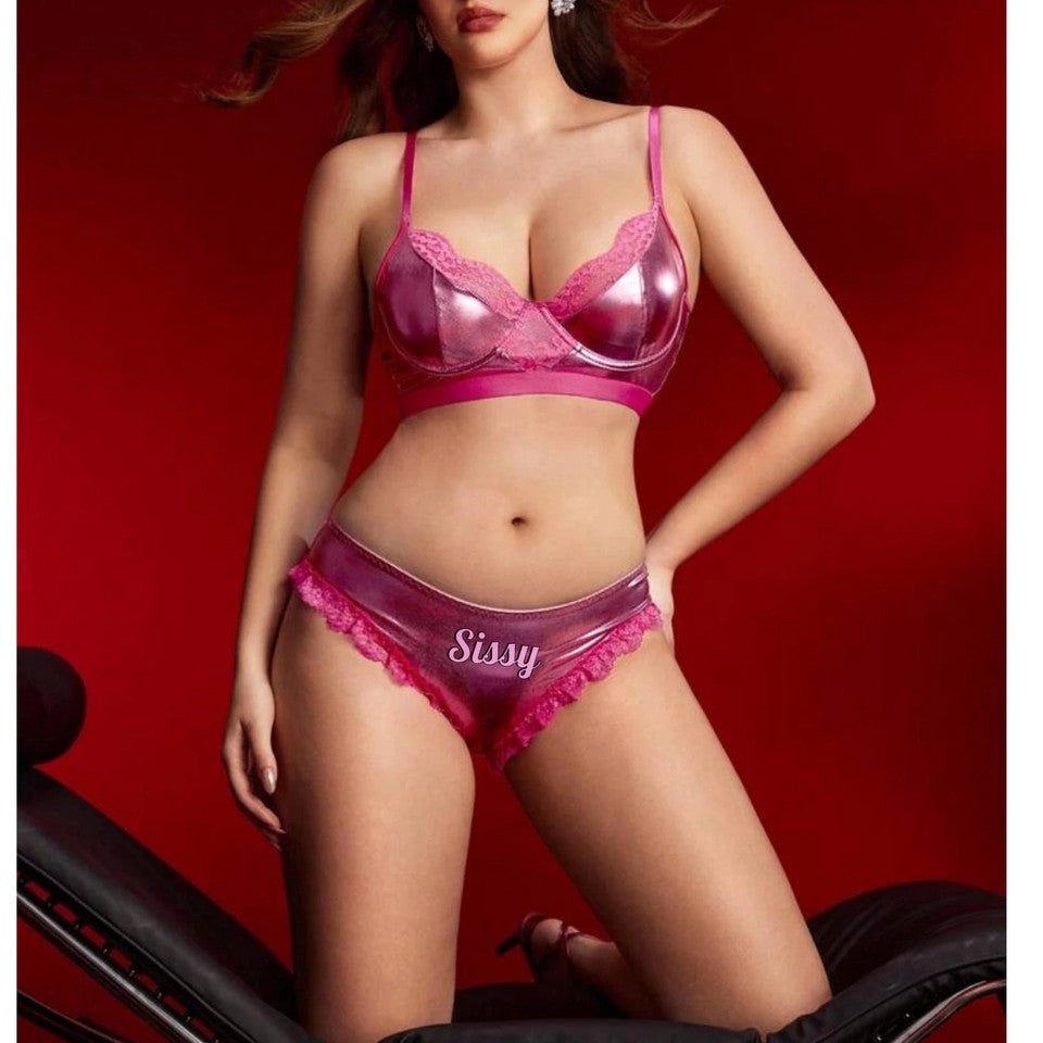 Sissy 2pcs metallic Coated Lingerie Set Underwire Bra And Panties