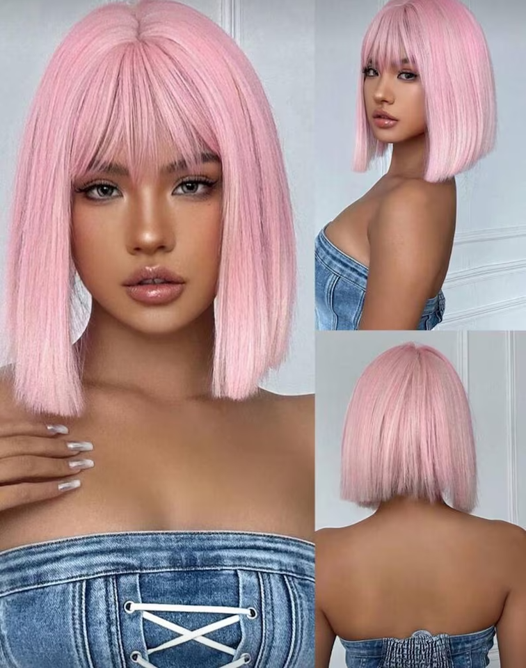 Pink Ombre Bob Wig with Bangs, 14 Inch Synthetic Hair