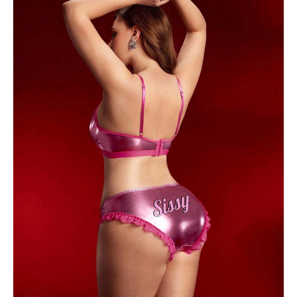 Sissy 2pcs metallic Coated Lingerie Set Underwire Bra And Panties