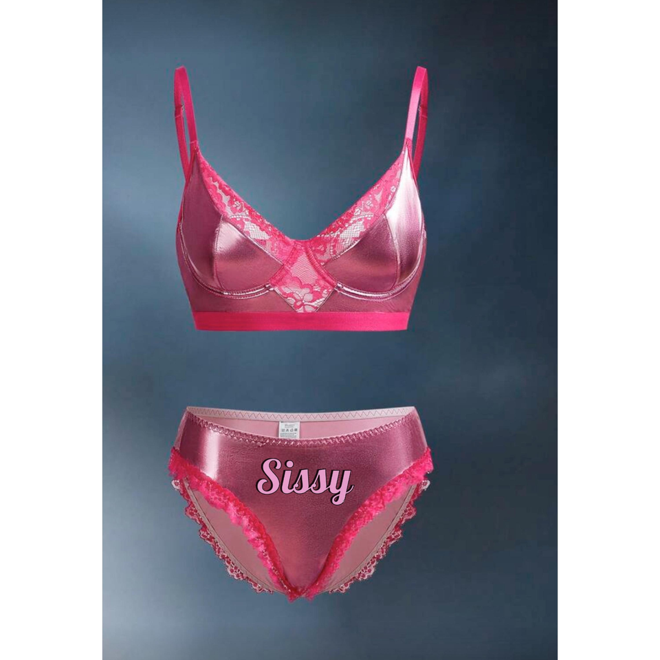 Sissy 2pcs metallic Coated Lingerie Set Underwire Bra And Panties