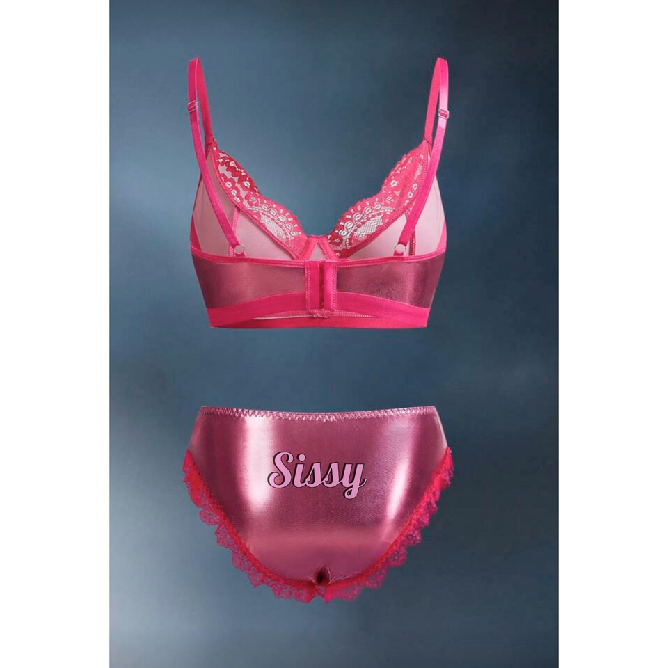 Sissy 2pcs metallic Coated Lingerie Set Underwire Bra And Panties