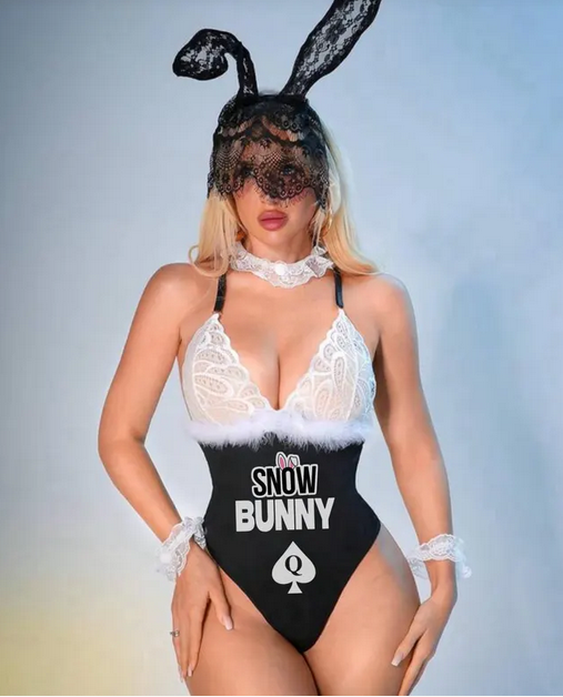 SNOWBUNNY Fantasy Costume 5pcs Women Lace Patchwork Fuzzy Costume Set
