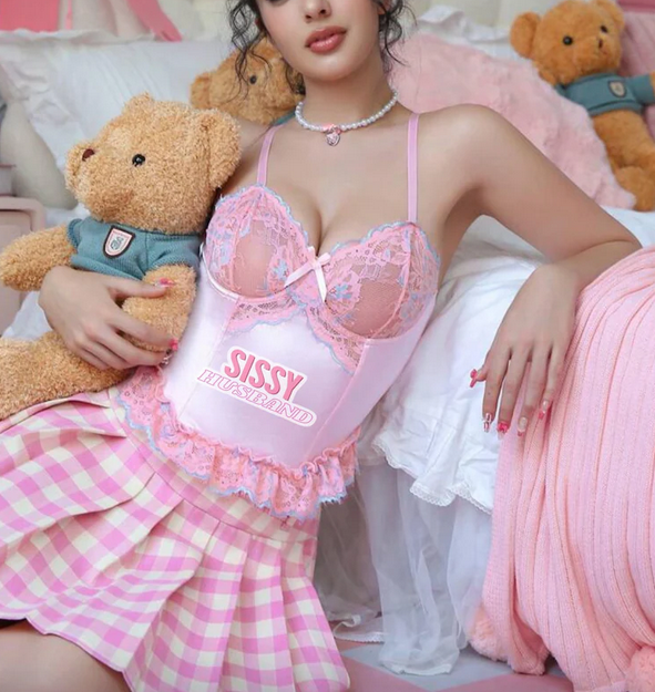 sissy husband Contrast Lace Bowknot Embellished Sexy Brassiere