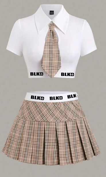Polo Collar Crop Top and Plaid Pleated Skirt Set