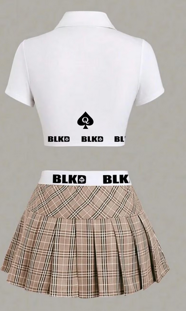 Polo Collar Crop Top and Plaid Pleated Skirt Set