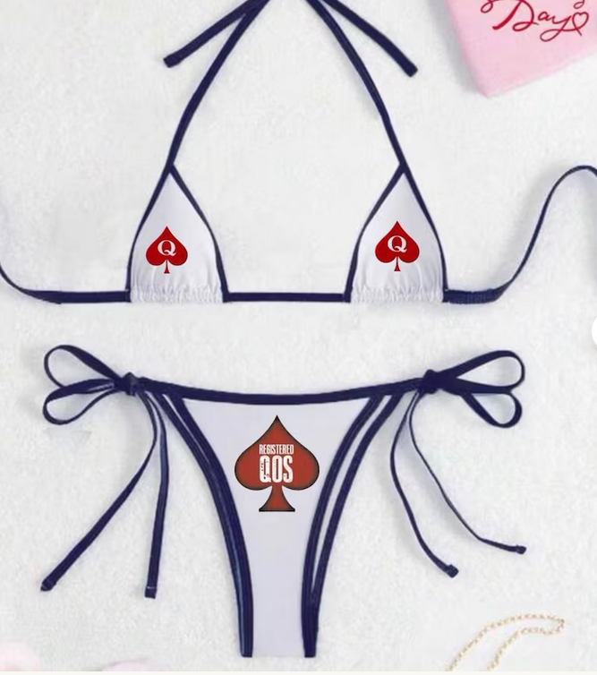 BBC registered QOS Contrast Trim Tie Strap Bikini Bra Thong, Women Sexy Lingerie Underwear