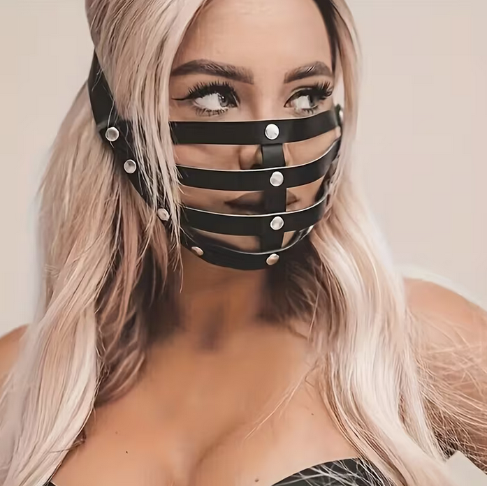 Gothic Black PU Leather Mask with Adjustable Strap & Rivet Details