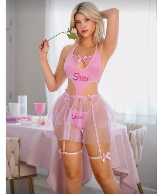 SISSY 4pcs Women's Sexy Backless Halter Lingerie Set, Wireless Comfortable Hollow Out Romper With Tutu Skirt