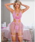 SISSY 4pcs Women's Sexy Backless Halter Lingerie Set, Wireless Comfortable Hollow Out Romper With Tutu Skirt