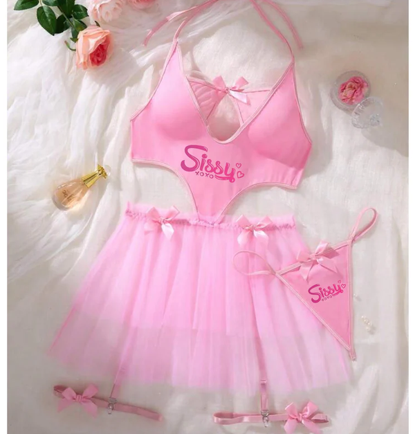 SISSY 4pcs Women's Sexy Backless Halter Lingerie Set, Wireless Comfortable Hollow Out Romper With Tutu Skirt