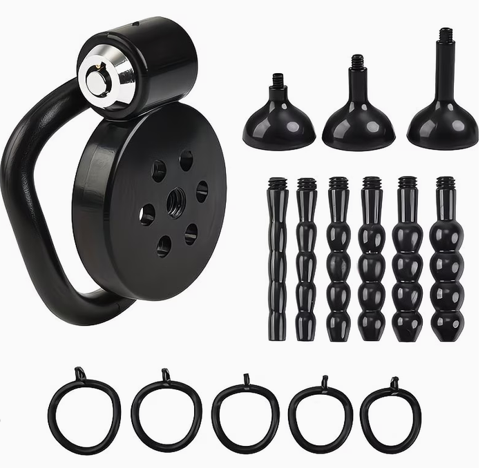 Flat Chastity Cage Set 5 Rooster Rings with Urethral Sound Plug