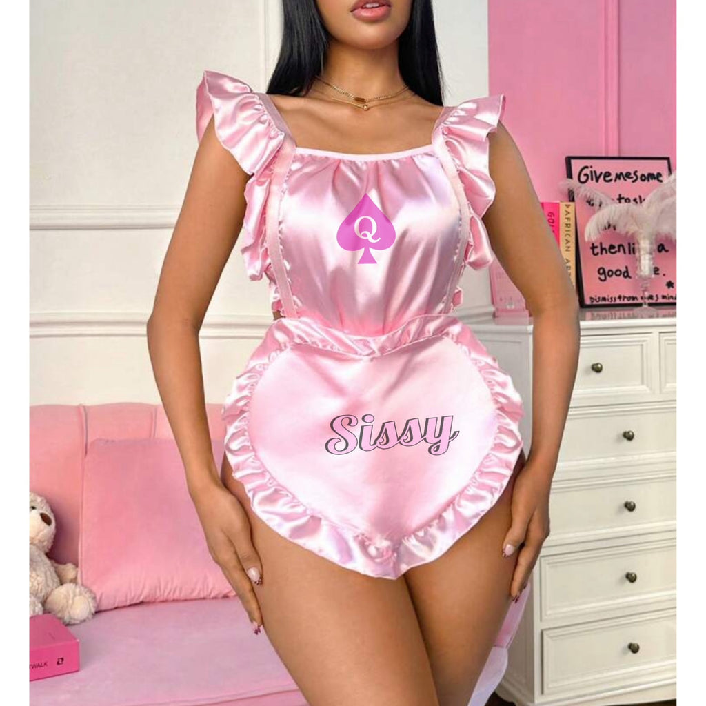Sissy of spades Apron, Maid Style, Big Heart Shaped, Satin, Ruffle Trim, Flounce, Cute Babydoll, Layered