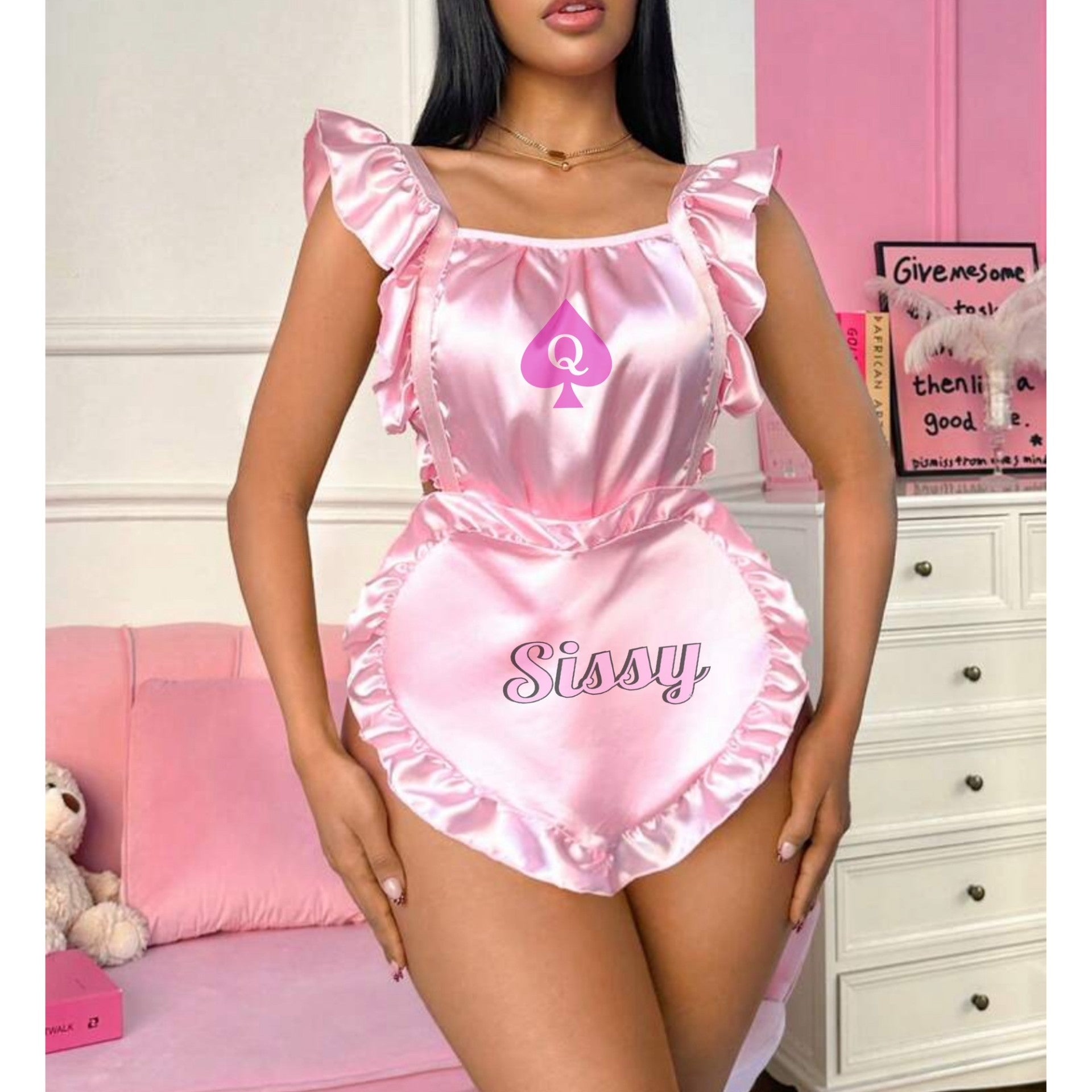 Sissy of spades Apron, Maid Style, Big Heart Shaped, Satin, Ruffle Trim, Flounce, Cute Babydoll, Layered