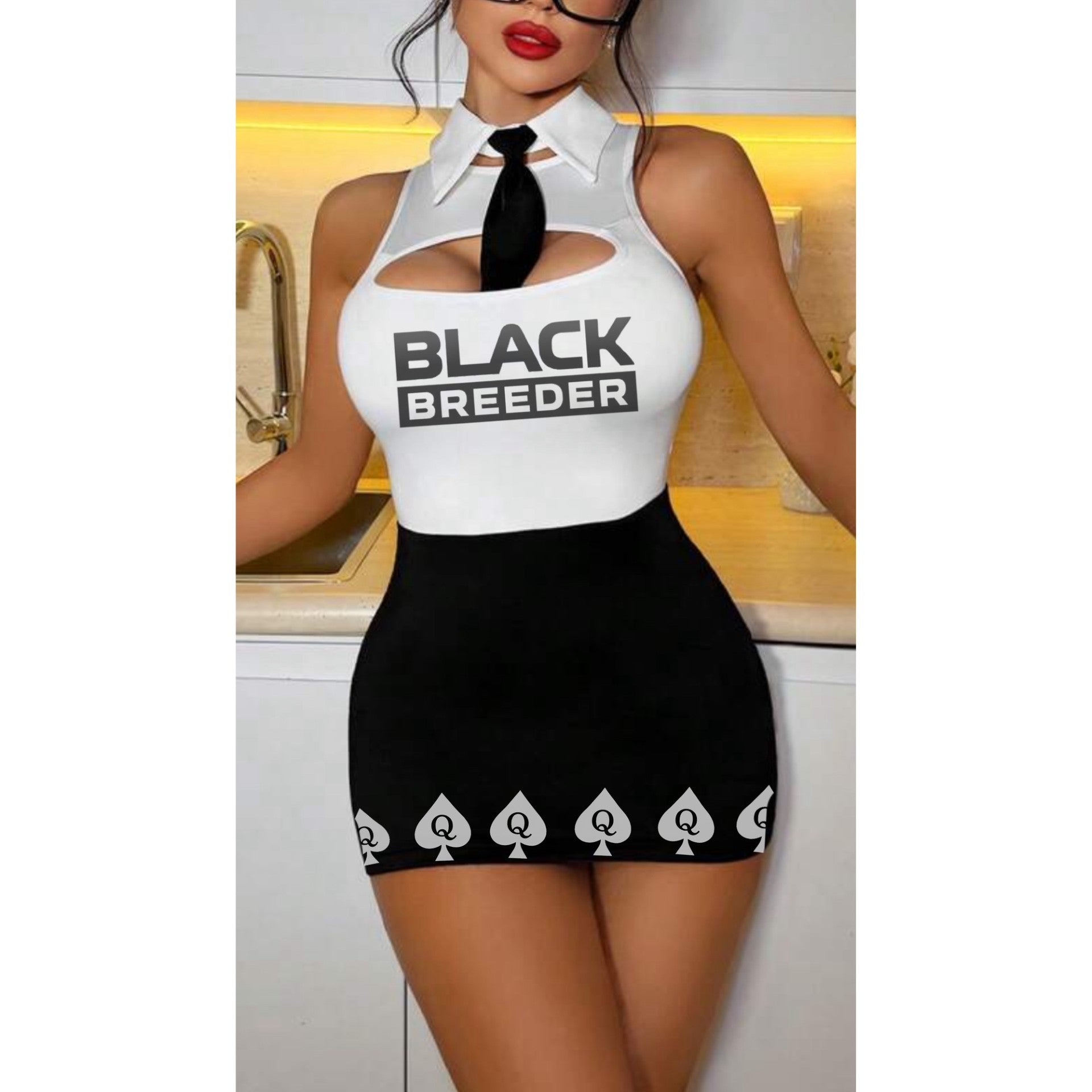 Blacked breeder 2pcs Office Lady Role Play Hollow Out Dress + Tie, Sexy Charm