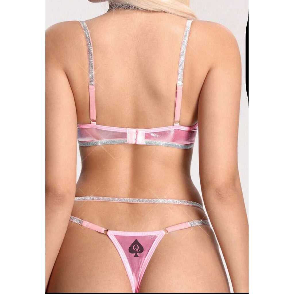 QOS  Gold Foil Women's Lingerie Set, Heart Rhinestone Clasp Sexy Bra, 2pcs Panty Set