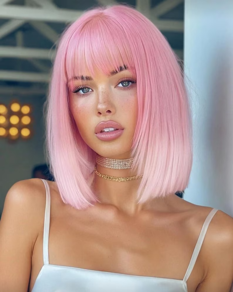 Pink Ombre Bob Wig with Bangs, 14 Inch Synthetic Hair