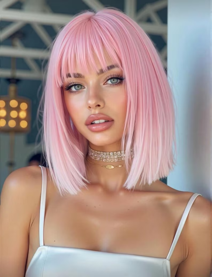Pink Ombre Bob Wig with Bangs, 14 Inch Synthetic Hair